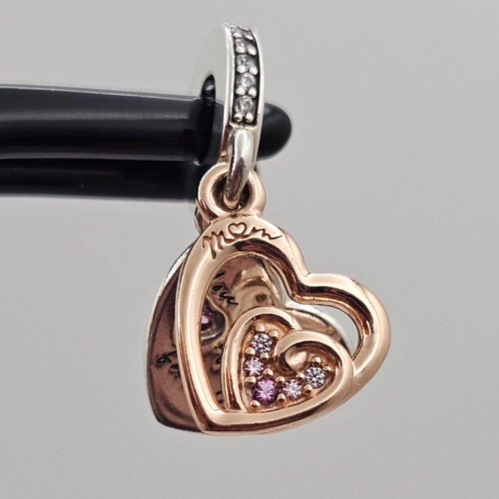 New Pandora Two-tone Entwined Infinite Hearts Double Dangle Rose Charm 781020C01
